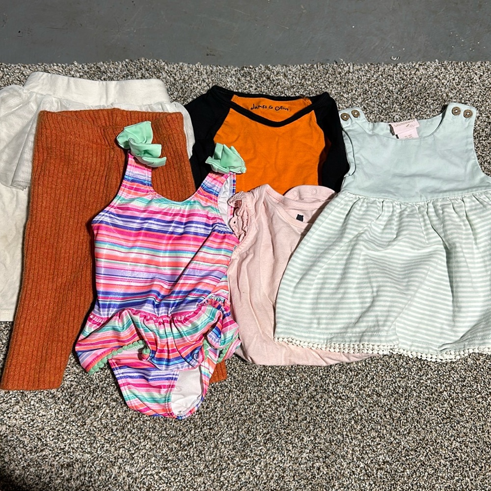Baby girl 6-12 month bundle. 2 pants, 1 swim, 2 tops and a dress